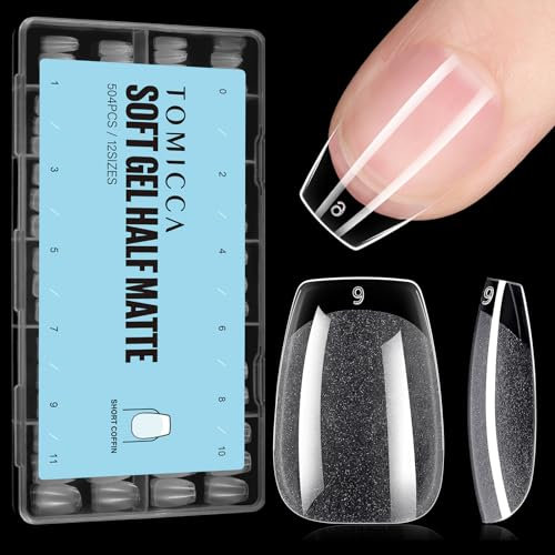 TOMICCA Short Coffin Nail Tips- 504PCS Soft Gel Full Cover Half Matte Clear False Acrylic Nail Gel Tips Kit for Soak Off Nail Extensions Kit, 12 Sizes