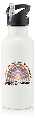 Getagift Personalised Teachers Water Bottle, Rainbow Gift Stainless Steel 600ml Water Bottle with Straw. (White)