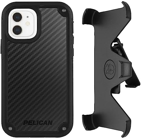 Pelican Shield Handyhülle für iPhone 12 Mini – Kevlar-Serie robuster Schutz, kabelloses Laden kompatibel, 3X Fallschutz in Militärqualität, stoßfest – inklusive Gürtelclip-Holster/Ständer – Schwarz