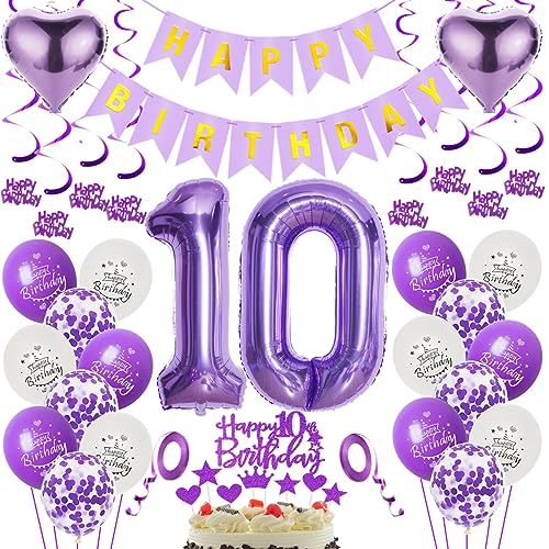Luftballons 10. Geburtstag Dekoration Lila - Folienballon 10 Jahre - Mädchen Deko - Tortendeko