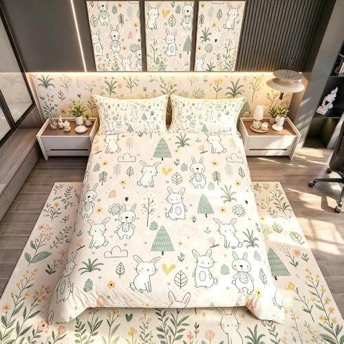 Homemissing Cute Rabbit Bedding Set Cartoon Bunny Duvet Cover Kawaii Animal Single Comforter Cover for Kids Boys Girls Botanical Plant Bedspread Cover Lightweight Bedclothes