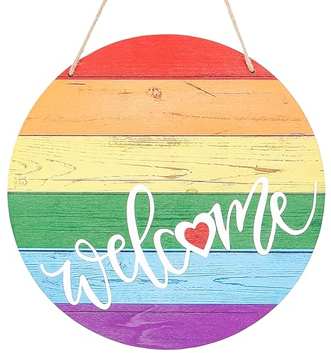 CREATCABIN Welcome Round Wood Wall Hanging Sign Rainbow Sign for Front Door Decor Wooden Plaque Rustic Wall Decor with Jute Twine for Outdoor Indoor Farmhouse Porch Christmas 11.8Inch