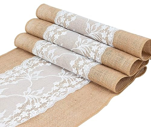 Yearninglife Jute Tischläufer mit Spitze, 30CMx10M, Retro-Rustikal, Beige, Spitze in der Mitte