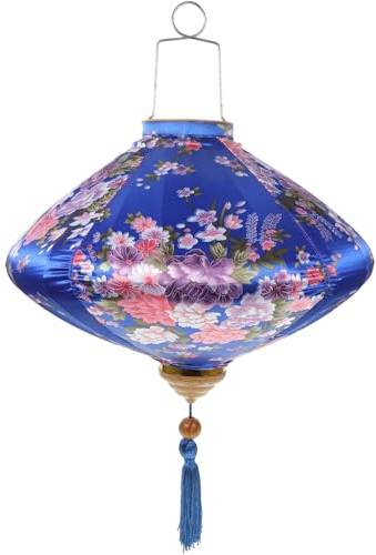 Uonlytech Asiatisch Hoi An Seide Laterne Vietnamesischer Stoff Laternen Stofflaterne Hängende Deko Laterne mit Quasten Blumenmuster für Mondfest Neujahr Frühlingsfest Garten Haustür Blau