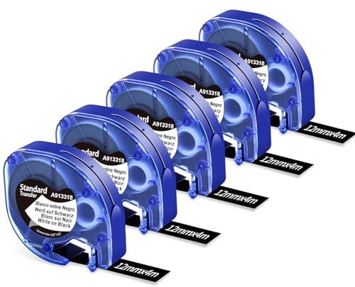 Upwinning Black Label Tape Compatible with Dymo Letratag Plastic Tape Black 12mm x 4m Compatible for Dymo Letratag Label Makers LT-100H XR LT-100T 200B, 5X