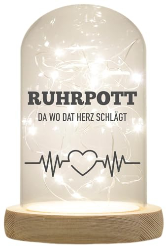 WB wohn trends LED-Glaskuppel, Ruhrpott da wo dat Herz schlägt, 16,5x11cm, Glasglocke mit LED-Licht und Holz-Fuß LED-Laterne LED-Lampe mit Text Spruch