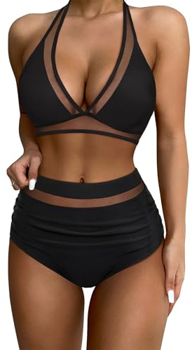 RXRXCOCO Damen Mesh Neckholder Rückenfrei Bauchweg High Waist Bikini Set Push Up Sexy V Ausschnitt Zweiteiliger Badeanzüge Bademode Schwarz Size L