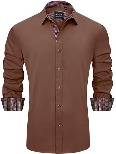 J.VER Herren Hemd Regular Fit Langarm Herrenhemden Freizeithemd Regular Businesshemd Elastiscer Musterhemd,Braun,L