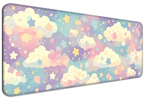 AYKDTFN Niedliche bunte Wolke und Stern-Schreibtischmatte, Aquarell-Rosa, erweitertes großes Gaming-Mauspad, Computer-Tastatur, Laptop, Mädchen, Kawaii-Mauspad für Arbeit, Spiel, Büro und Zuhause,