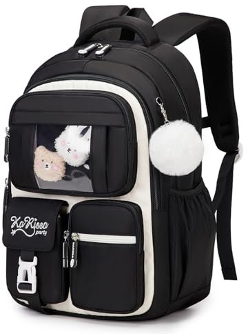 PIG PIG GIRL Kinder-Rucksack für Mädchen, Schultaschen für Mittelschule, Schüler, Büchertasche für Grundschule, schwarz und beige, Einheitsgröße, Benutzerdefiniert