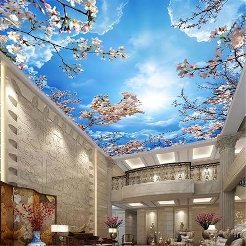 LUXINSHISU PVC selbstklebende Fototapete Decke 3d Tapete blau Himmel Kirschblüte natürlich Wohnzimmer Schlafzimmer Decke Hintergrund Wand dekorative Kunst Aufkleber