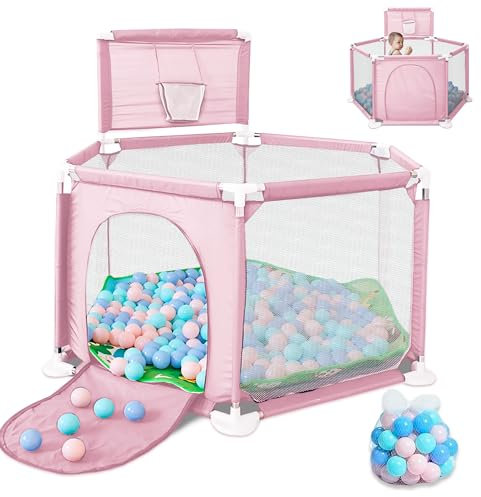 JUPPLIES Parque Infantil Bebe 127x127cm Hexagonal – Corralito Bebe con Malla Transpirable – Parque de Juegos Bebe con Puerta Lateral – Playpen Bebe - Parque con Canasta y Pelotas