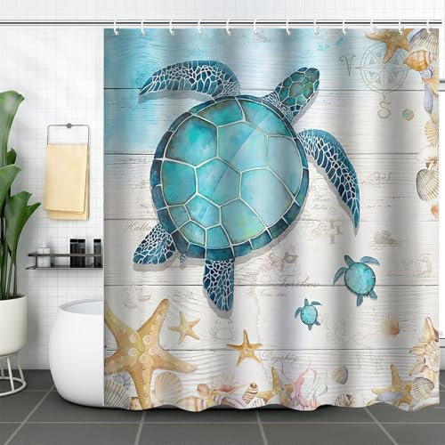 FAIRYGATE Shower Curtains Mould Proof Resistant Shower Curtain and Window Curtain Nautical Blue Ocean Turtles 72x72in Fabric Window Curtains for Bathroom B9310