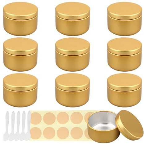 LusDoly Pack of 10, 50ml Gold Empty Round Aluminium Tins Cosmetics Container Pots with Lids for Candles, Cosmetics, Lip Balm, Lotion, Cream DIY