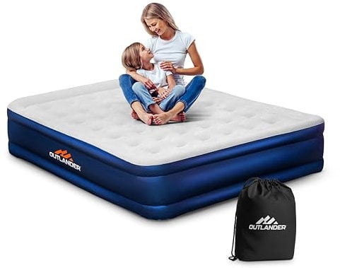 Raised Double Air Bed with Built-In Pump Waterproof Flocked Blow-Up Mattress, Quick Inflating Airbed for Adults & Kids Portable Air Mattress with Storage Bag for Camping,Hiking, Caravan,Indoor, Double