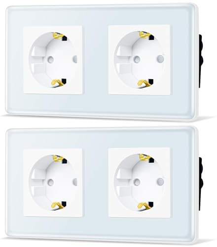 TAWOIA Schuko Steckdose, EU-Standard 2 Fach Unterputz Mit 2,5D Curved Glas Platte, Wandsteckdosen Weiß 86 * 157mm 2er-Pack