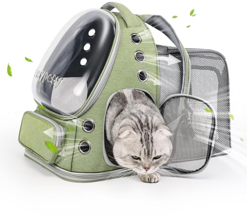 Cawypety Expandable Cat Backpack,Cat Bubble Backpack Carrier for Carrying Cats, Pets and Small Dogs,Airline-Approved,Designed for Travel, Hiking, Walking,Car (Square Expandable-Green)
