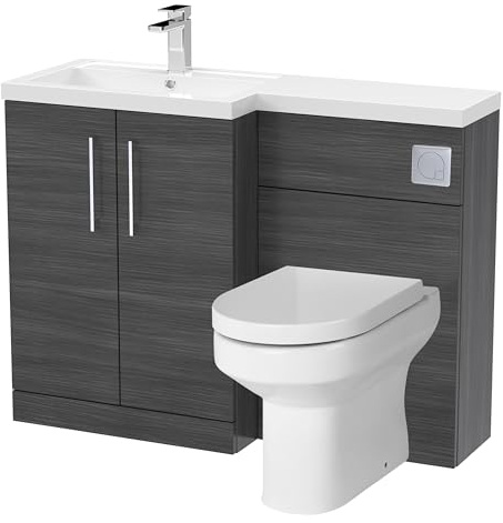 Balterley Vanity Unit with Basin, WC Unit with Toilet Pan, Seat, Cistern, Floor Standing 2 Door Soft Close Vanity, Toilet Pan with Soft Close Seat, Left Hand Bathroom Sink (Woodgrain Anthracite)