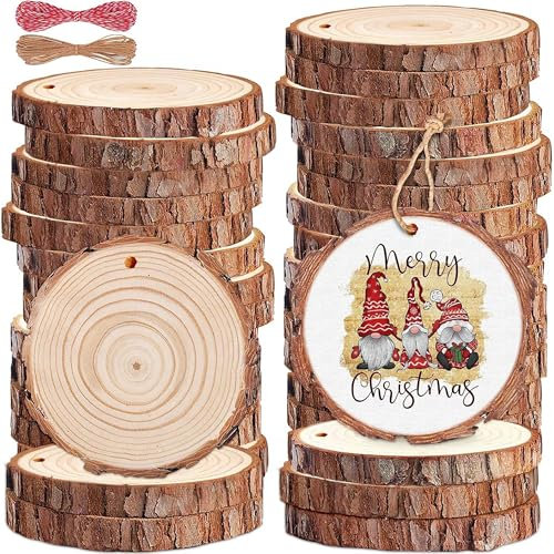48stk Holzscheiben Deko 4-5cm Durchmesser Mit Loch, Kiefernholz Astscheiben Baumstamm Deko, Runde Holzscheibe Untersetzer Holz Log, Baumscheiben Rund zum Basteln für DIY Rustikale Kerzenständer