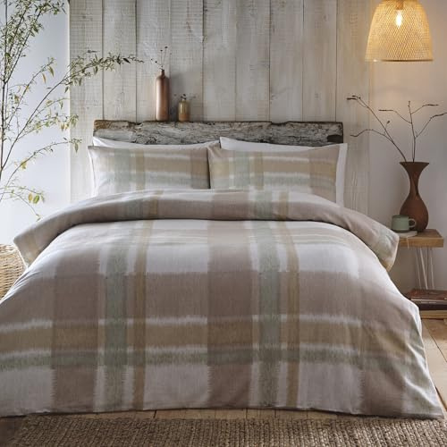 UW Home Appletree Biber-Bettwäsche-Set für King-Size-Betten (230 x 220 cm), superweich, 100% gebürstete Baumwolle, Hellbraun und Grün, Schottenkaro-Bettwäsche, Kariertes Bettwäsche-Set