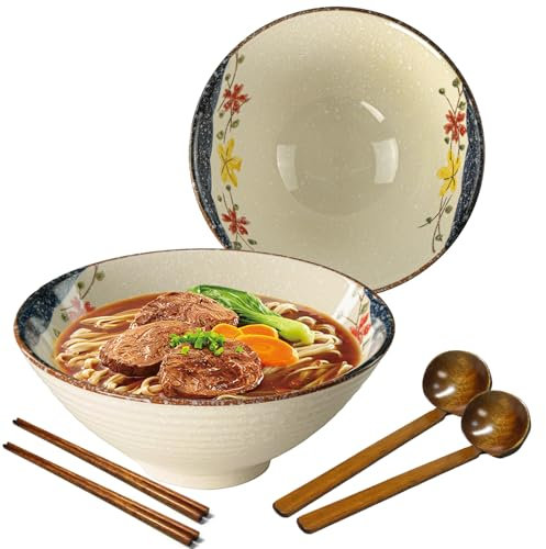 Ramen Schüssel Keramik Set, 2×1200ml Japanisches Geschirr mit Essstäbchen und Löffel, Premium Großer Pastaschüsseln, Suppenschalen, Salatschüsseln für Pho Ramen