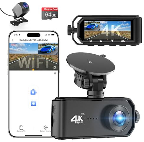 CHORTAU 4K Dash Cam Front and Rear Camera, 4K+1080P Dual Dash Cam with WiFi, 3.12 Inch Screen Dash Camera for Cars, Dashboard Camera with Free 64G Card, Super Night Vision, Type-C Port