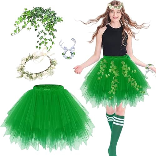 JRYBXS Costume de fée Clochette pour femme, costume de princesse 5 pièces, jupe en tulle vert, bracelet bandeau de vigne florale, pour carnaval, fête à thème, elfe des forêts