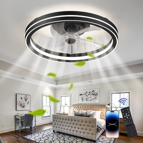 UVWHYZ Flacher Deckenventilator mit Licht & Fernbedienung + APP | 48cm Schwarz (Leise) | LED Deckenleuchte mit 6 Stufen | Dimmbar 3 Farbtemperaturen | Gleichstrommotor