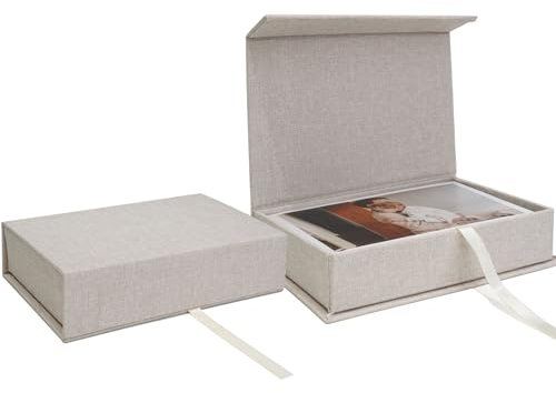 Vienrose Caja de Fotos de Lino 10 x 15 cm, Caja de Memoria para Fotografías, Postales y Recuerdos, Regalo Ideal, Beige