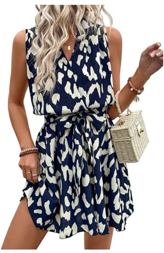 SOLY HUX Women's Summer Dress Printed Sleeveless V Neck Wrap A Line Flowy Belted Vacation Short Dresses Dark Blue Printed Large