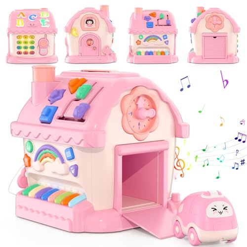 HYES Jouets pour Filles de 1 an, Montessori Jouet, 8 en 1 Multi Fonction Maison bébé Jouet avec Musique/Voiture/Horloge/téléphone/lumière, Jouets sensoriel Musical Cadeaux pour bébé 1-2 Ans
