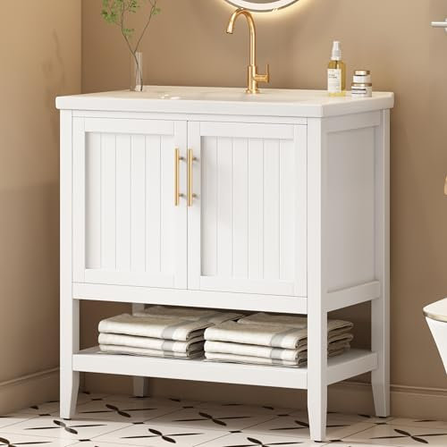 SUKY Mueble de baño individual con armario inferior de 80 cm con lavabo de cerámica, 80 x 47 x 90 cm, MDF, color blanco