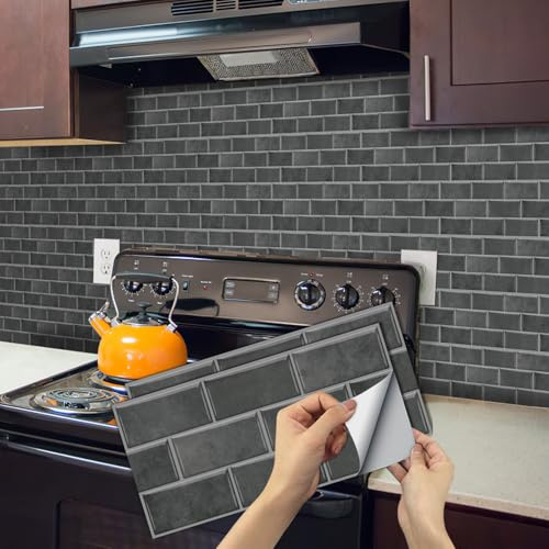 BUYBLIFE Grey Kitchen Tile Stickers, 24PCS Brick Bathroom Self Adhesive Peel and Stick Wall Stickers Vinyl Splashback Wall Stick on Tiles for Home Decor 15x30 cm