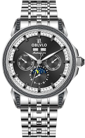 OBLVLO Luxus Herren 316L Edelstahl Mondphase Automatikuhr Diamant Lünette 24 Stunden Multifunktions Mechanisches Armband Uhren GCM-MUT