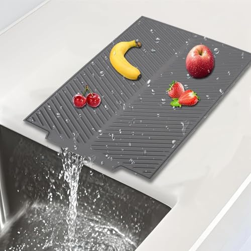 VIDSTW Cocina Alfombrilla Escurreplatos Gris 43 x 34 x 0,45 CM Claro Escurreplatos Alfombra Escurre Platos Silicona Resistente Calor Protector Encimera Desagüe Rápido para Secar Platos （Vertical）