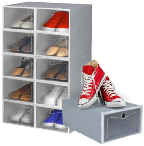 ZOLTA Schuhboxen Set 10 Stück stapelbar Aufbewahrungsboxen 33x23x14 cm Grau mit transparenter Klapptür Modular Schuhregal Organizer für Schuhe Spielzeug Kosmetik Dokumente Staubschutz