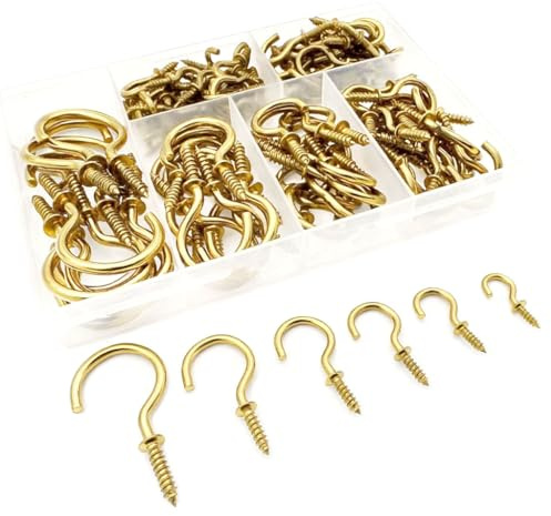 ANDILIKE 125 PCS 6 Sizes Screw in Hooks,Gold Screw Cup Hooks for Hanging Plants,Decorations,kitchenware and DIY Crafts,(1/2,5/8,3/4,7/8”,1”,1-1/4“)