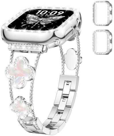 Metall Armband+Diamant Schutzhülle für Apple Watch Armband Series 11 10 9 8 7 6 5 4 3 SE 3/2 Damen,Bling Glückskleeblatt Edelstahl Band für iWatch 38/40/41/42 mm,40mm PC Hülle(No Screen) Silber