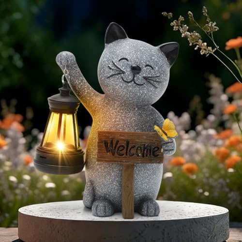 RANJIMA Solar Gartenleuchten Katzenskulptur, LED Solarlampen Katze Gartenfiguren für Außen mit Solar Laterne Statue Dekorationen für Rasen Garten Hof Veranda Haus Balkon für Frauen Katzenliebhaber