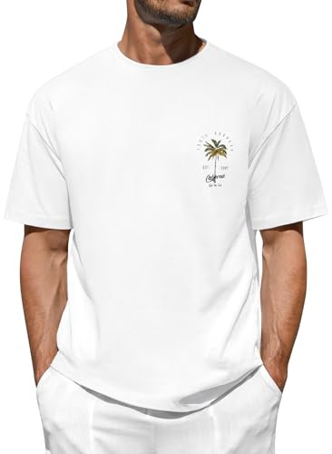 TOMEEK Tee Shirt Homme Graphique Basique T-Shirt Manches Courtes en Coton Col Rond Imprimé Palmiers Haut d'Été Tshirt Sport Vacances de Loisirs Style Californien,Blanc,L