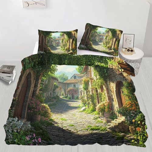 Italienisches Bettwäsche-Set, europäische Stadt-Bettwäsche-Sets, Straßenszene-Bettbezug mit Reißverschluss, Schlafzimmer-Dekor, Bettbezug für alle Jahreszeiten (230 x 220 cm)