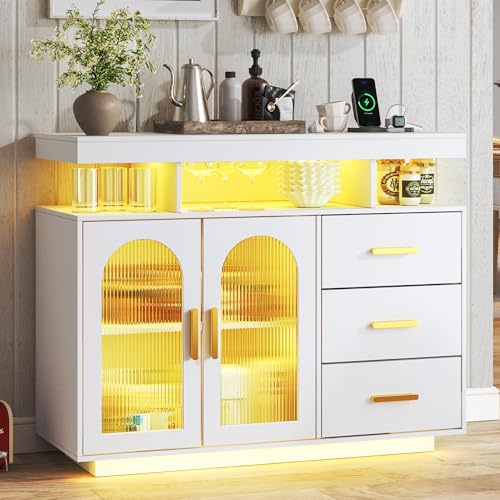 Yihomfy 120 cm Küchenschrank Buffetschrank Sideboard Mit Ladestation, Intelligenter Barschrank Mit Automatischer Kaffeebar Möbel RGB-Beleuchtung, Kaffeebar Mit 3 Schubladen FüR Küche Esszimmer, Weiß