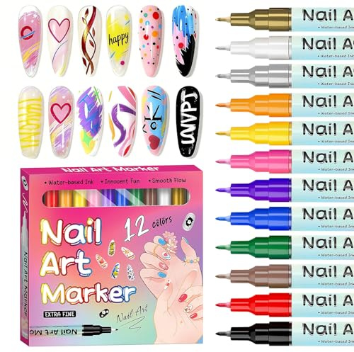 Autoau 12 Colors Nail Art Pens Set, Nail Art Markers for 3D Nail Art, Nail Art Pens for Painting Nails Art Marker Drawing Painting Liner, Nail Polish Pens for DIY Nail Art Beauty Adorn Manicure Tools