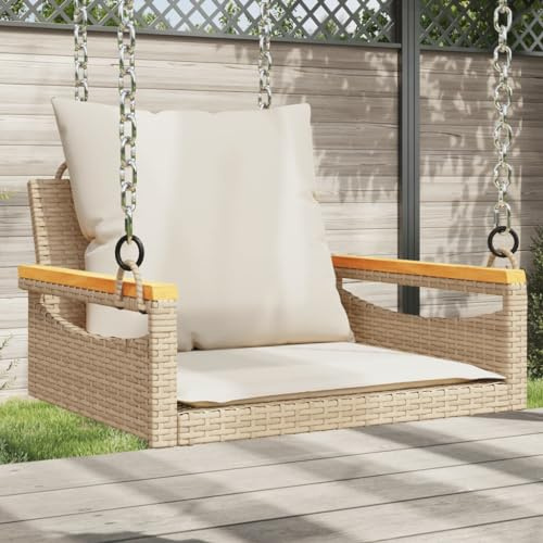 Hoopleep Hängesessel mit Kissen Beige, 63x62x40 cm Poly Rattan für Garten und Terrasse, wetterfest, Bequeme Schaukelbank für den Außenbereich