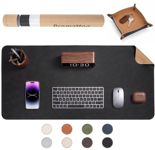 PROMATTOO Faux Leather Desk Mat with Valet Tray, Non-Slip Waterproof Desk Pad, Cork-Effect Printed Backing, Desk Protector with Gift Tube for Office & Home(Classic Black)