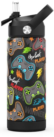 ntskood Boys Game Black Water Bottle for School，Kids 18 oz Insulated Stainless Steel Cup with Straw, Double-Wall Vacuum Leakproof
