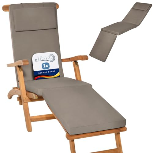 Beautissu 2er Set Luxus Deckchair Auflage Sonnenliege Bezug Gartenliege | 175x45x5cm Taupe Polsterauflage für Liegestuhl Polster Liegenauflage Gartenmöbel Kissen Abnehmbar LoftLux DC