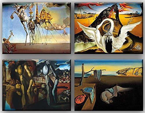 time4art Salvador Dali Print Canvas 4 Bild 4 x 40x30cm Leinwand auf Keilrahmen The Persistence of Memory Bacchanale Die Beständigkeit der Erinnerung