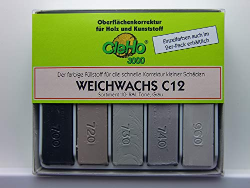 CleHo Weichwachs C12 - 5er Pack | Reparatur | Wachs | Holz | Möbel | Sortiment 10 | RAL-Töne, Grau