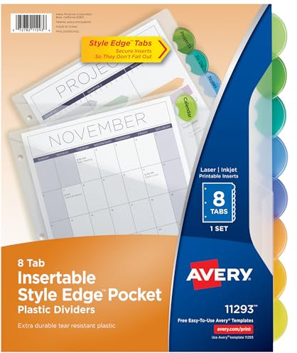 Avery Plastic 8-Tab Binder Dividers with Pockets, Style Edge Insertable Multicolor Tabs, 1 Set (11293)